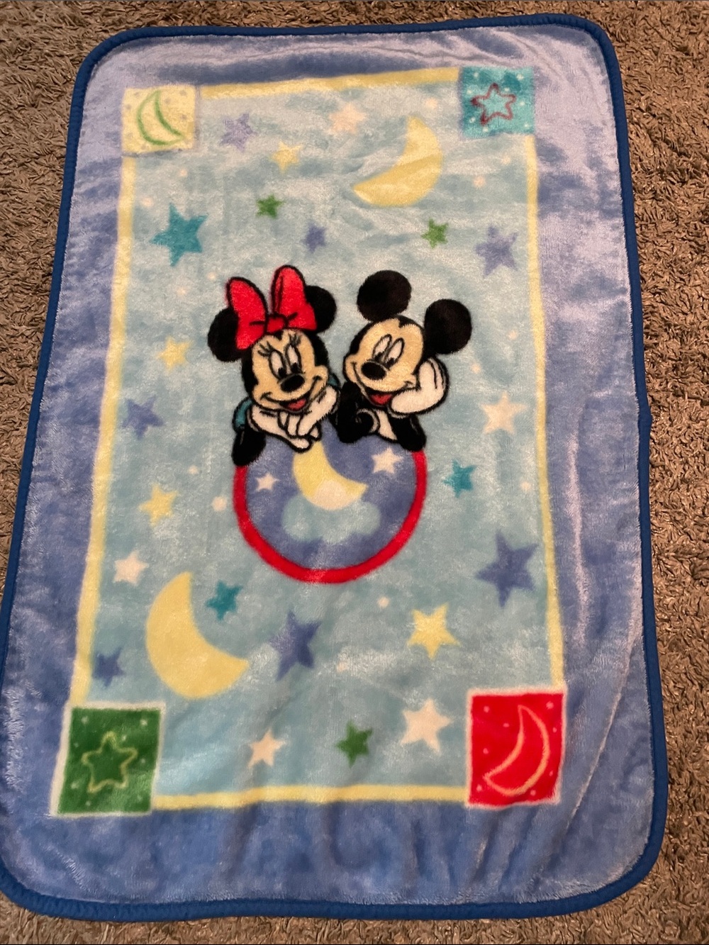 Vintage Disney Blue Plush Mickey & Minnie Sleep Blanket with Red Accent